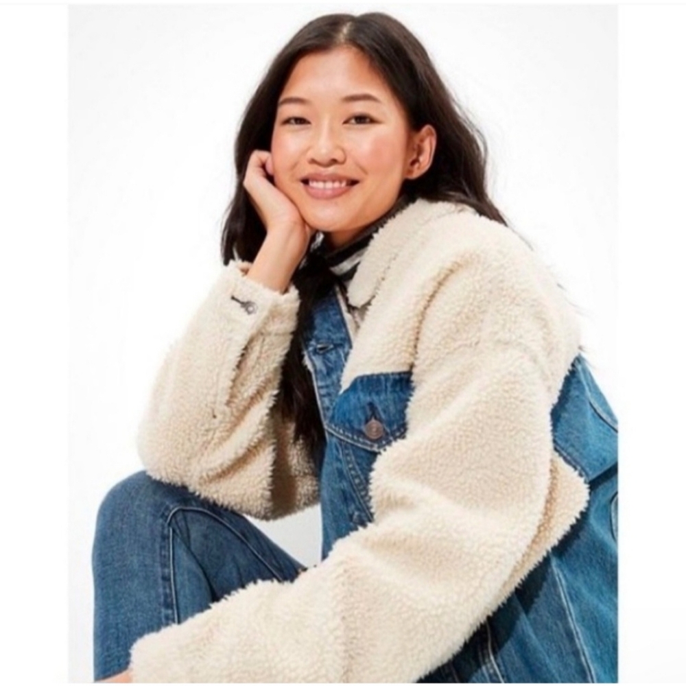 American Eagle S Cream Sherpa Denim Jacket - Picture 2 of 11